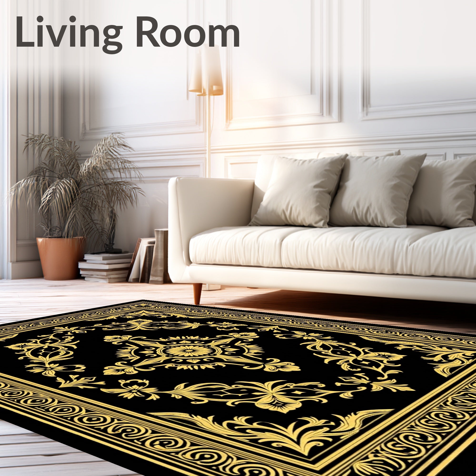 Black Golden Floral Medallion Filigree Rug