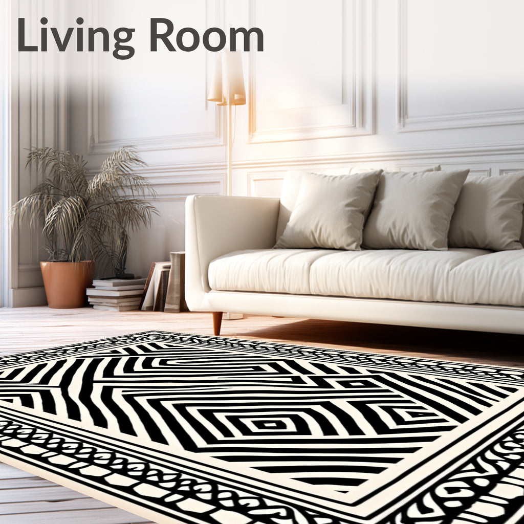 Black White Contemporary Geometric Maze Rug