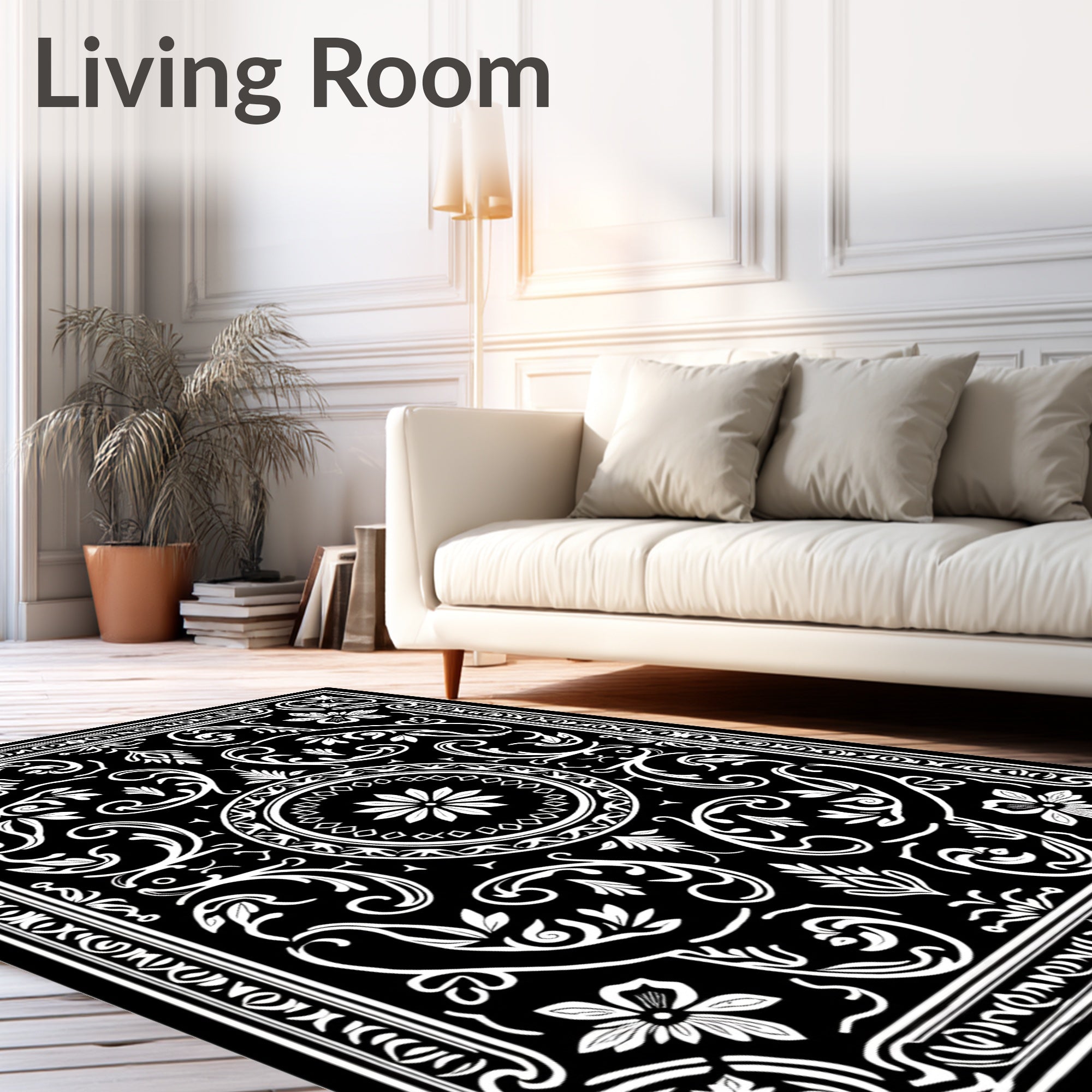 Black and White Floral Scroll Work Rug