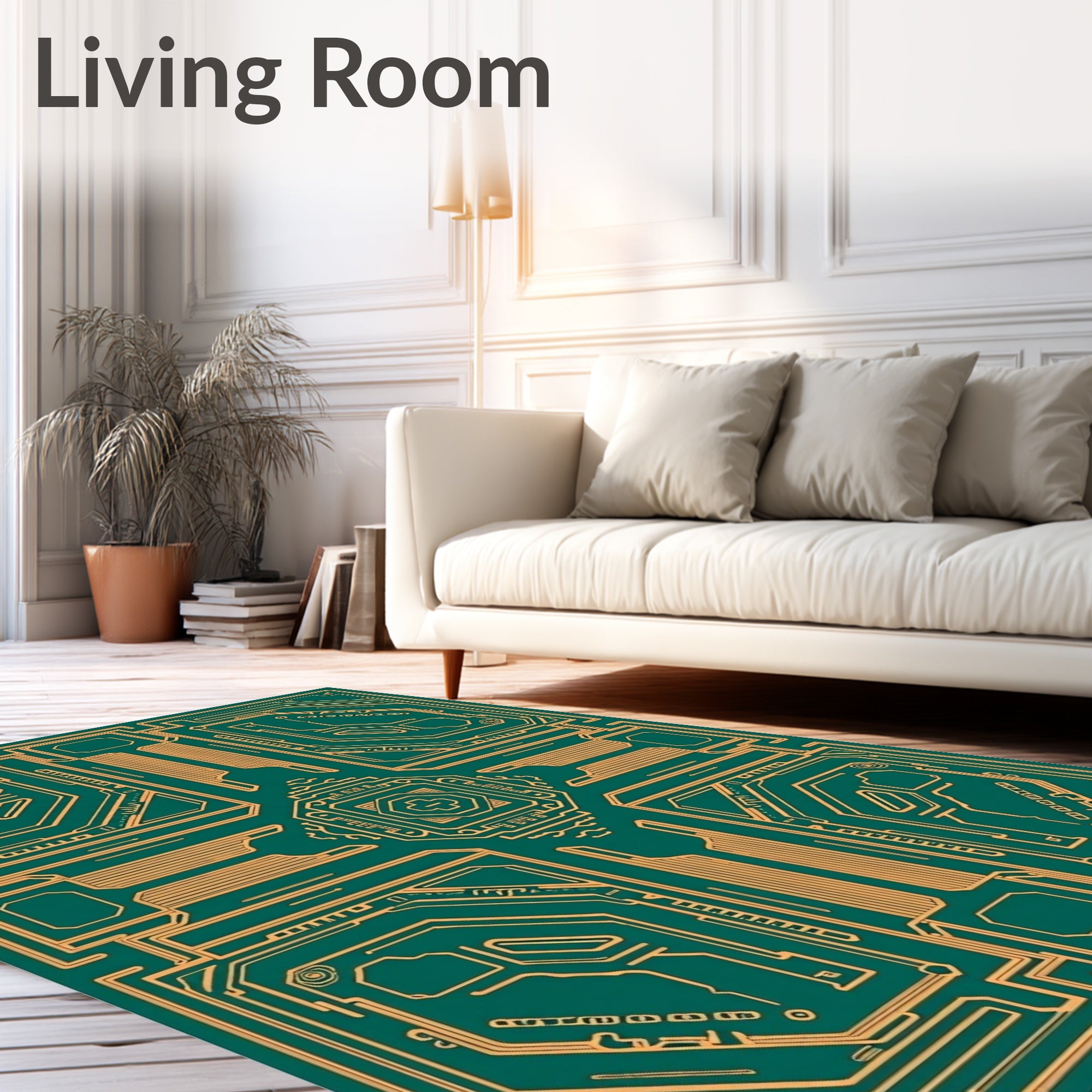 Gold Geometric Circuit Board Emerald Rug