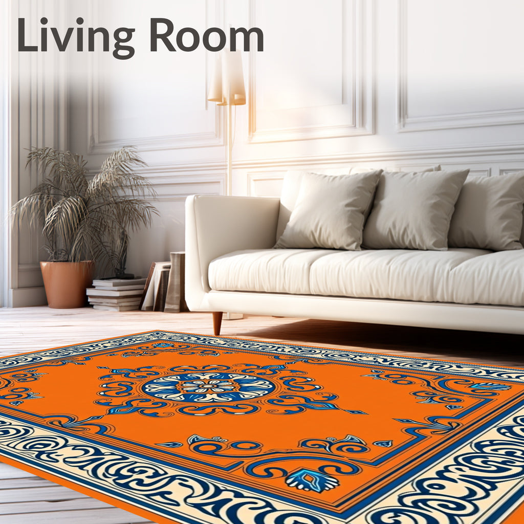Orange Blue Floral Medallion Border Rug