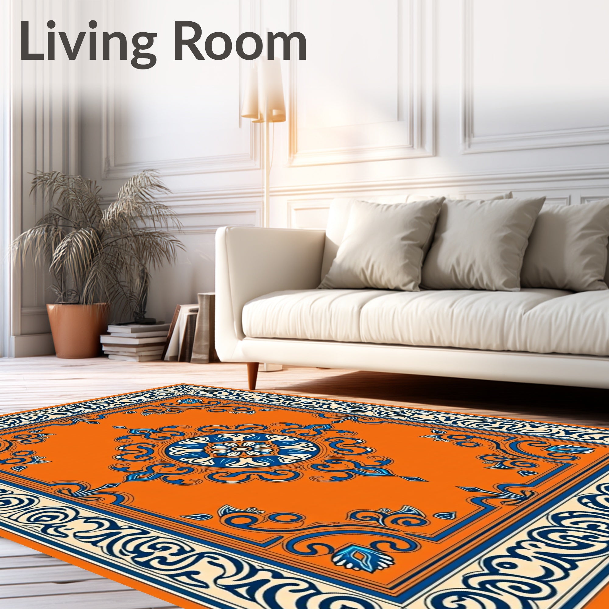 Orange Blue Floral Medallion Border Rug