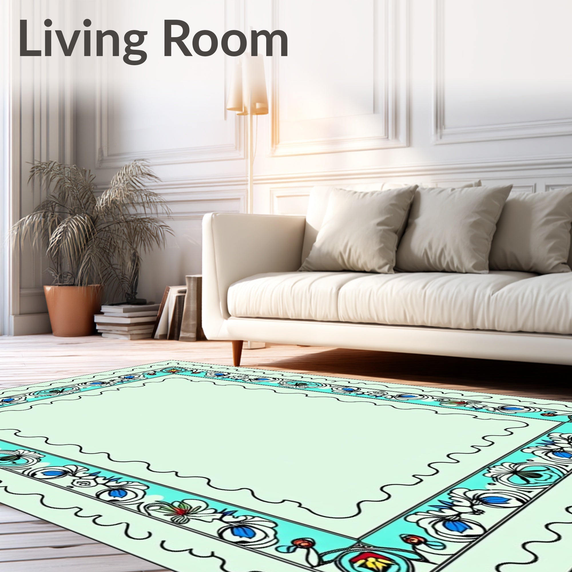 Aqua White Floral Border Rectangular Rug