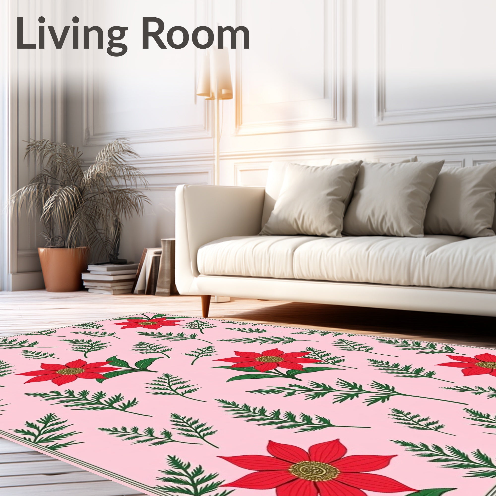 Red Floral Fern Background Rug