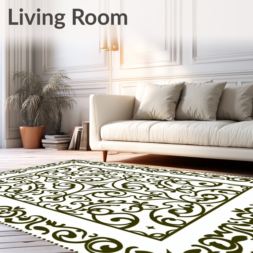 Dark Green Ornamental Courtly Scrolls Rug