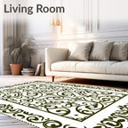 Dark Green Ornamental Courtly Scrolls Rug