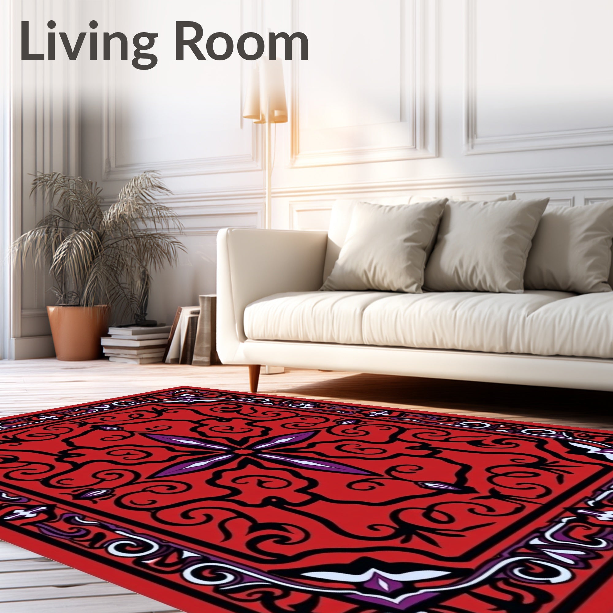 Crimson Red Floral Swirl Border Rug