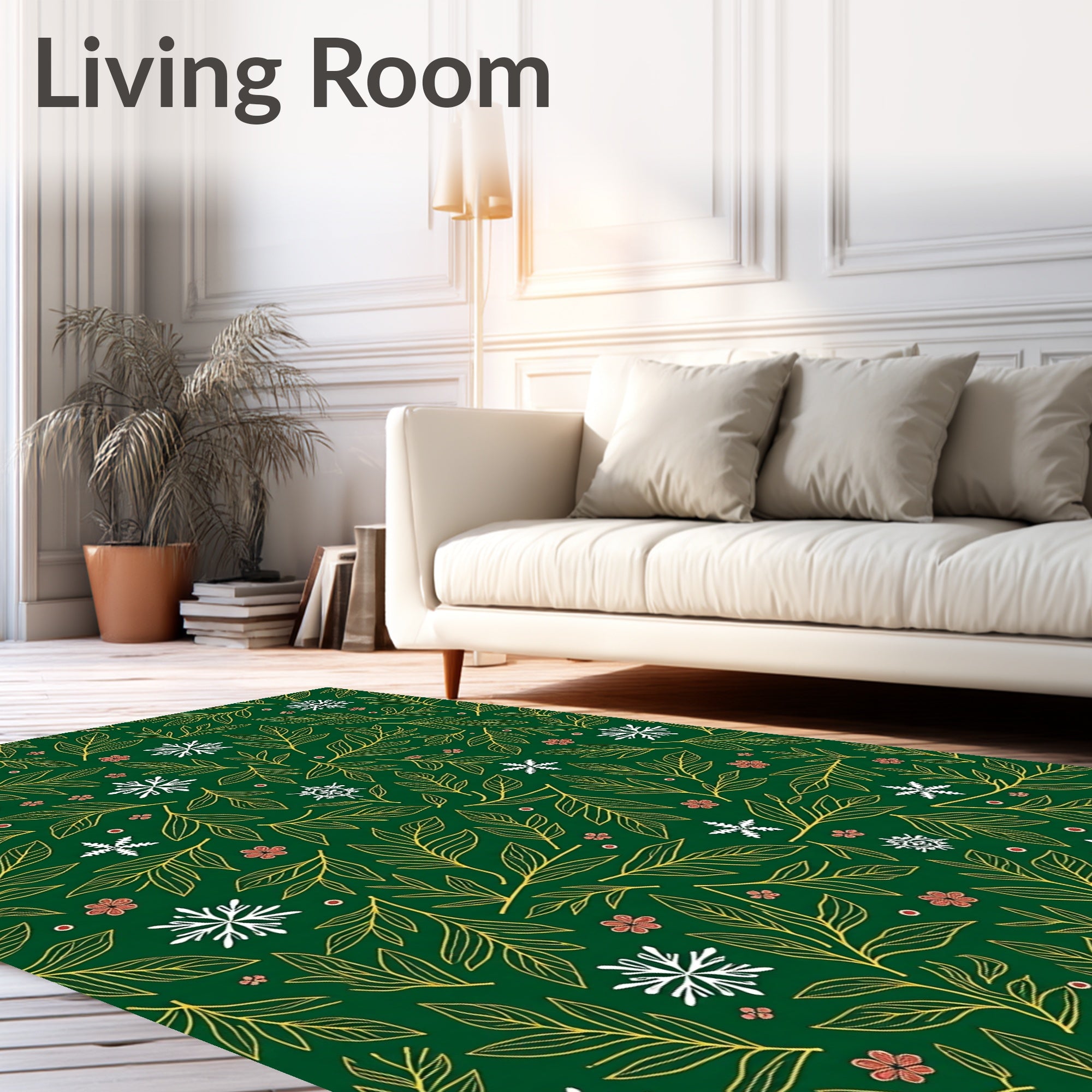 Winter Green Leaf Snowflake Floral Vines Rug