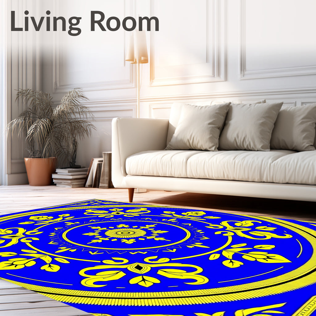 Vibrant Blue Yellow Floral Medallion Rug