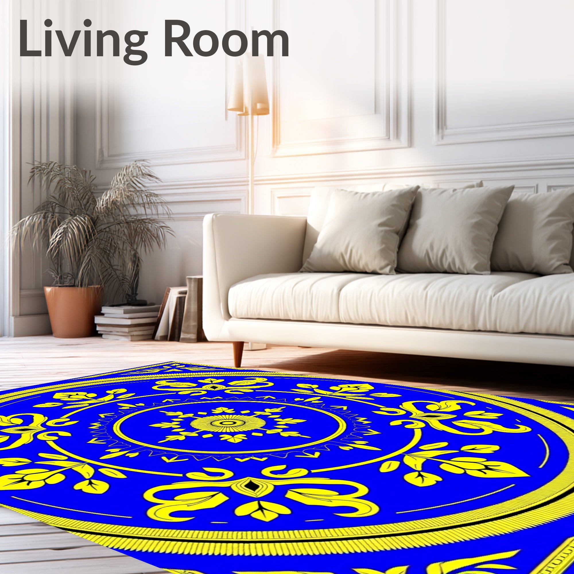 Vibrant Blue Yellow Floral Medallion Rug