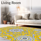 Vibrant Yellow Ivory Scroll Medallion Rug