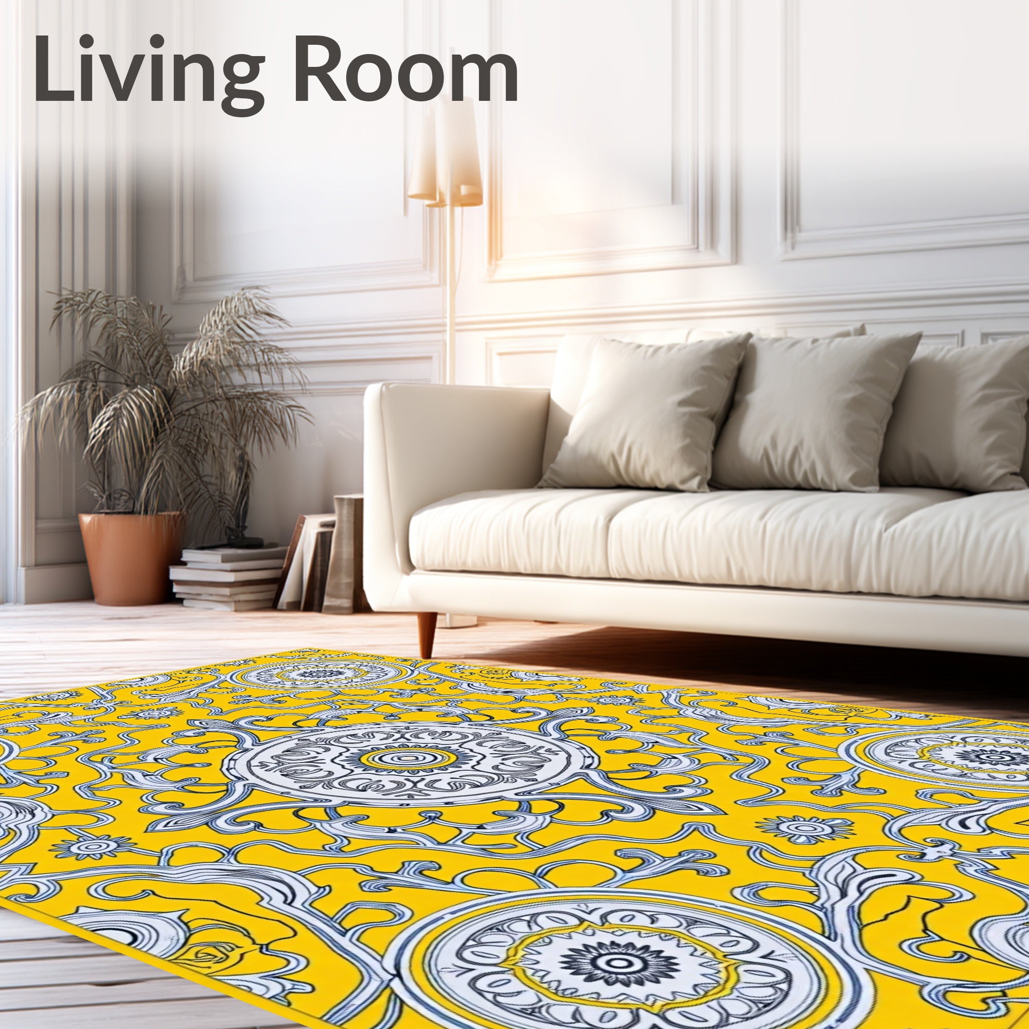 Vibrant Yellow Ivory Scroll Medallion Rug