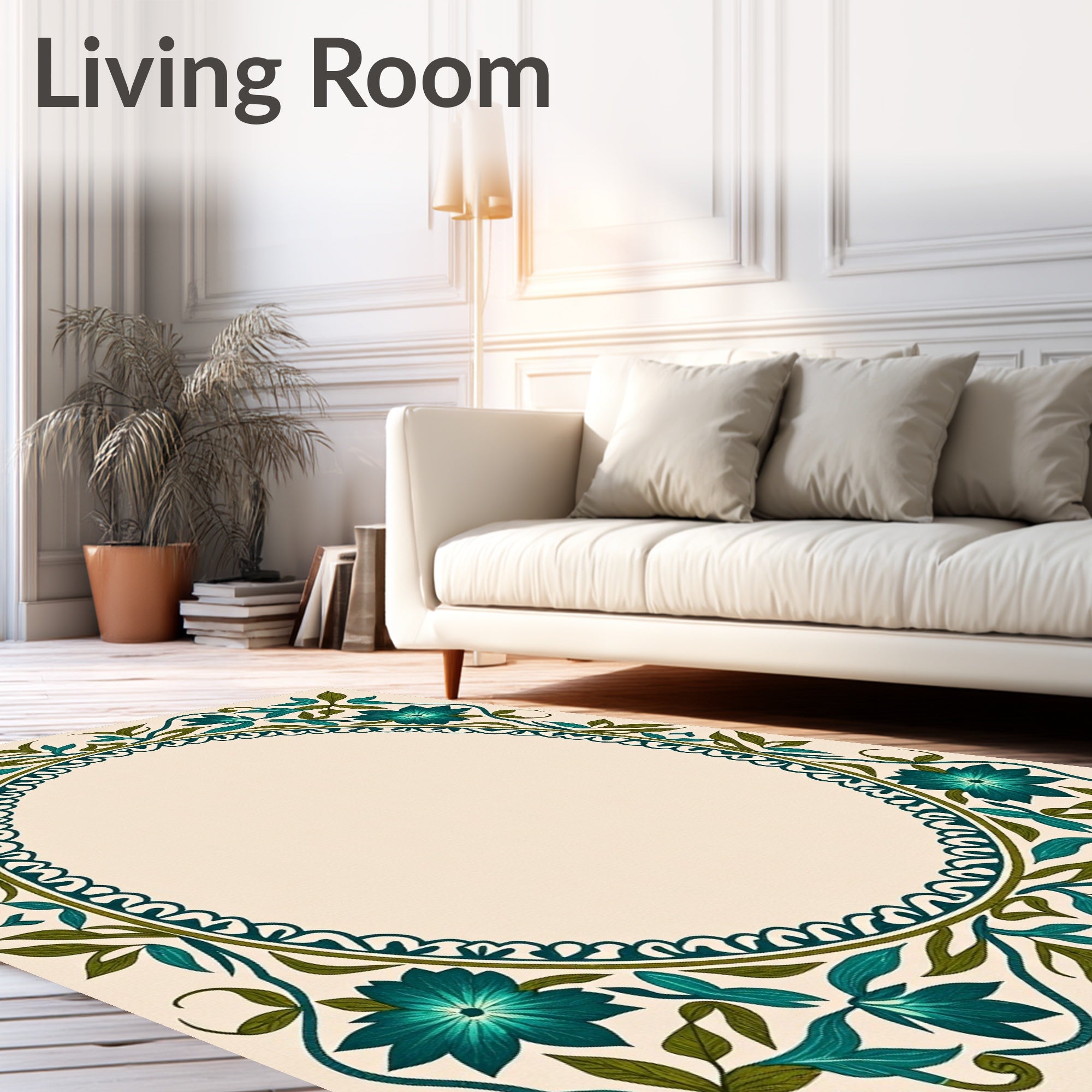 Teal Floral Vines Oval Frame Rug