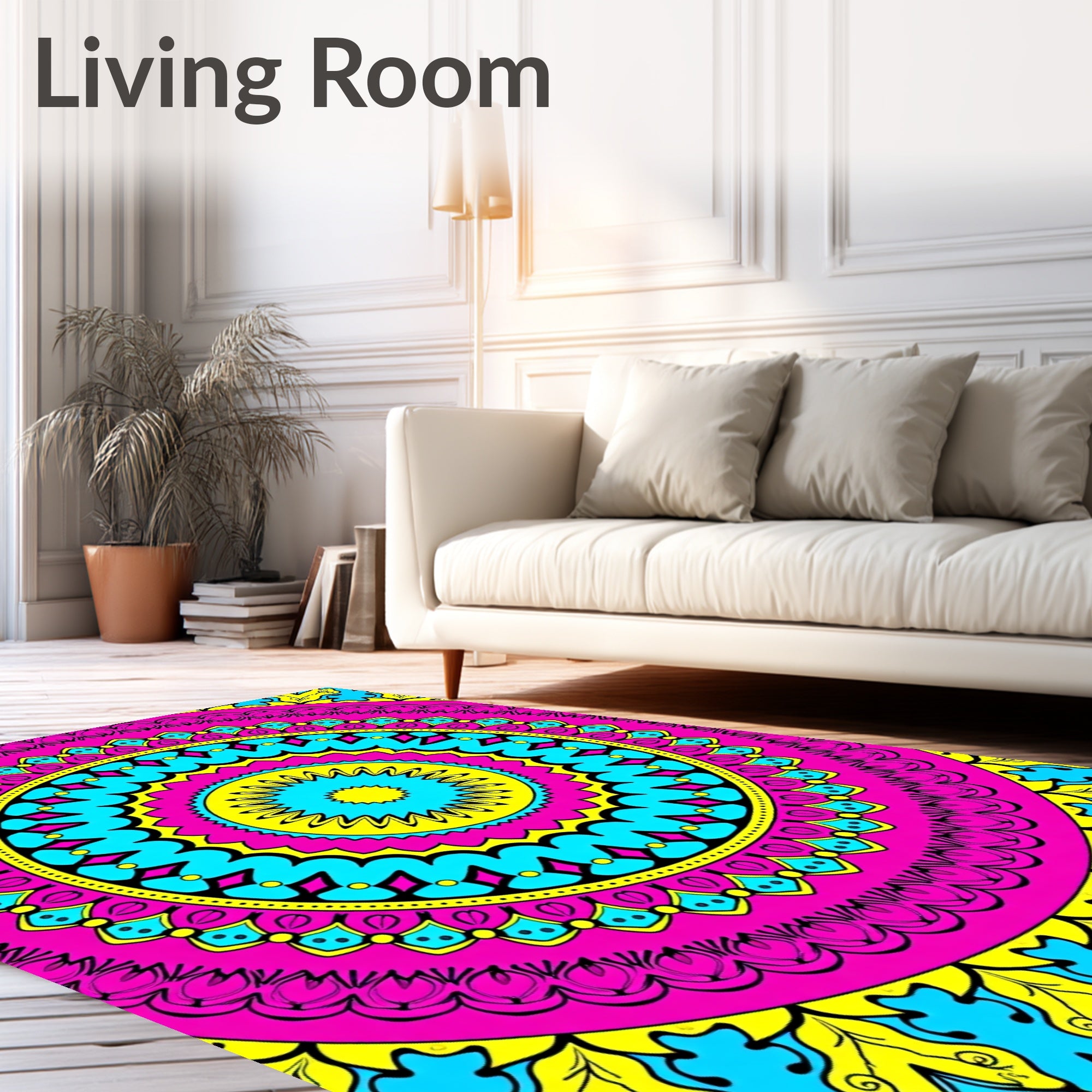 Vibrant Pink Yellow Blue Medallion Art Rug