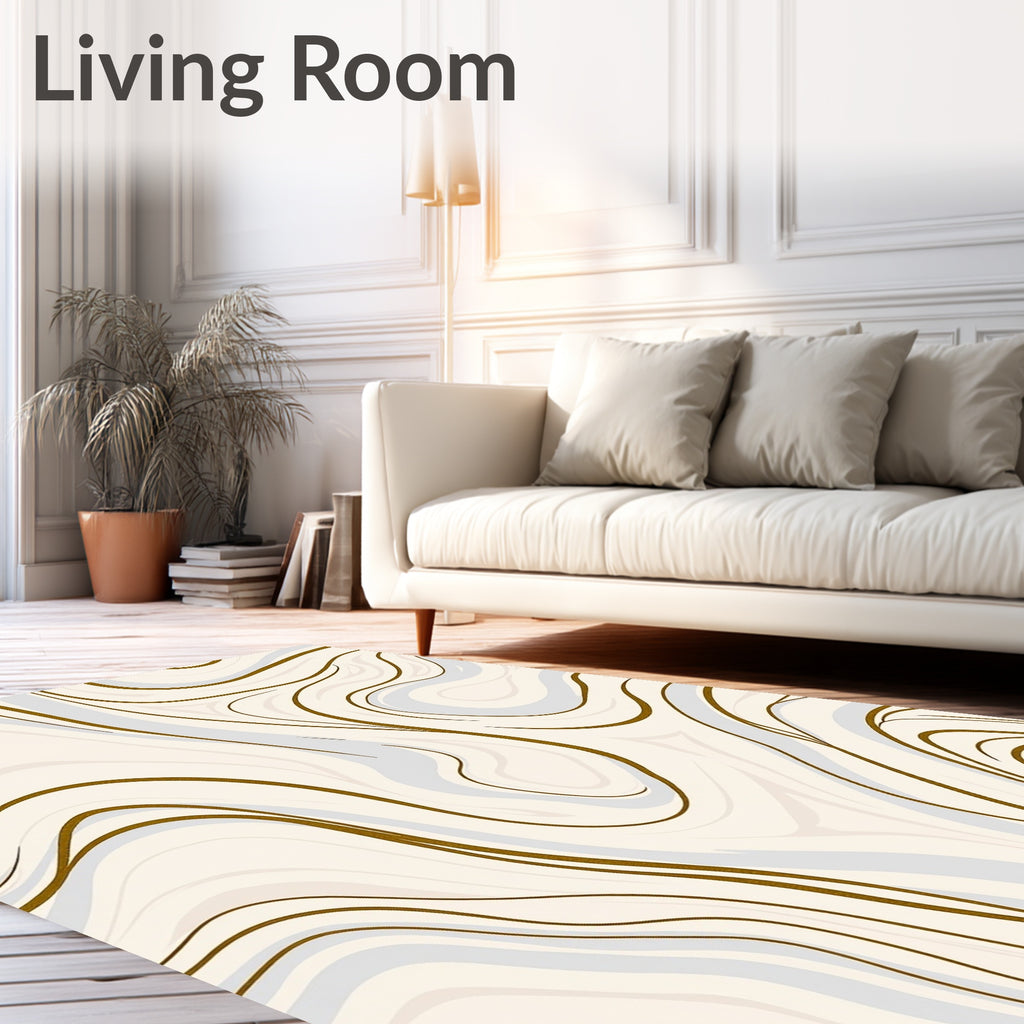 Abstract Cream Swirl with Gold Lines Rug