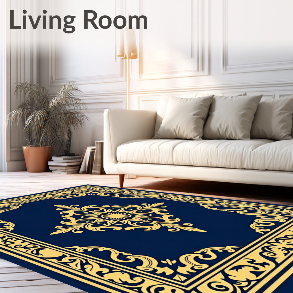 Royal Blue Golden Medallion Border Rug