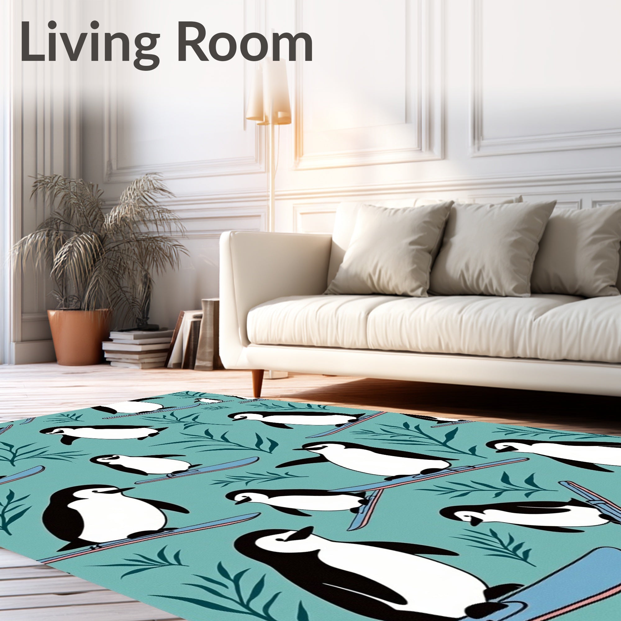 Winter Penguin Skiing Teal Foliage Rug