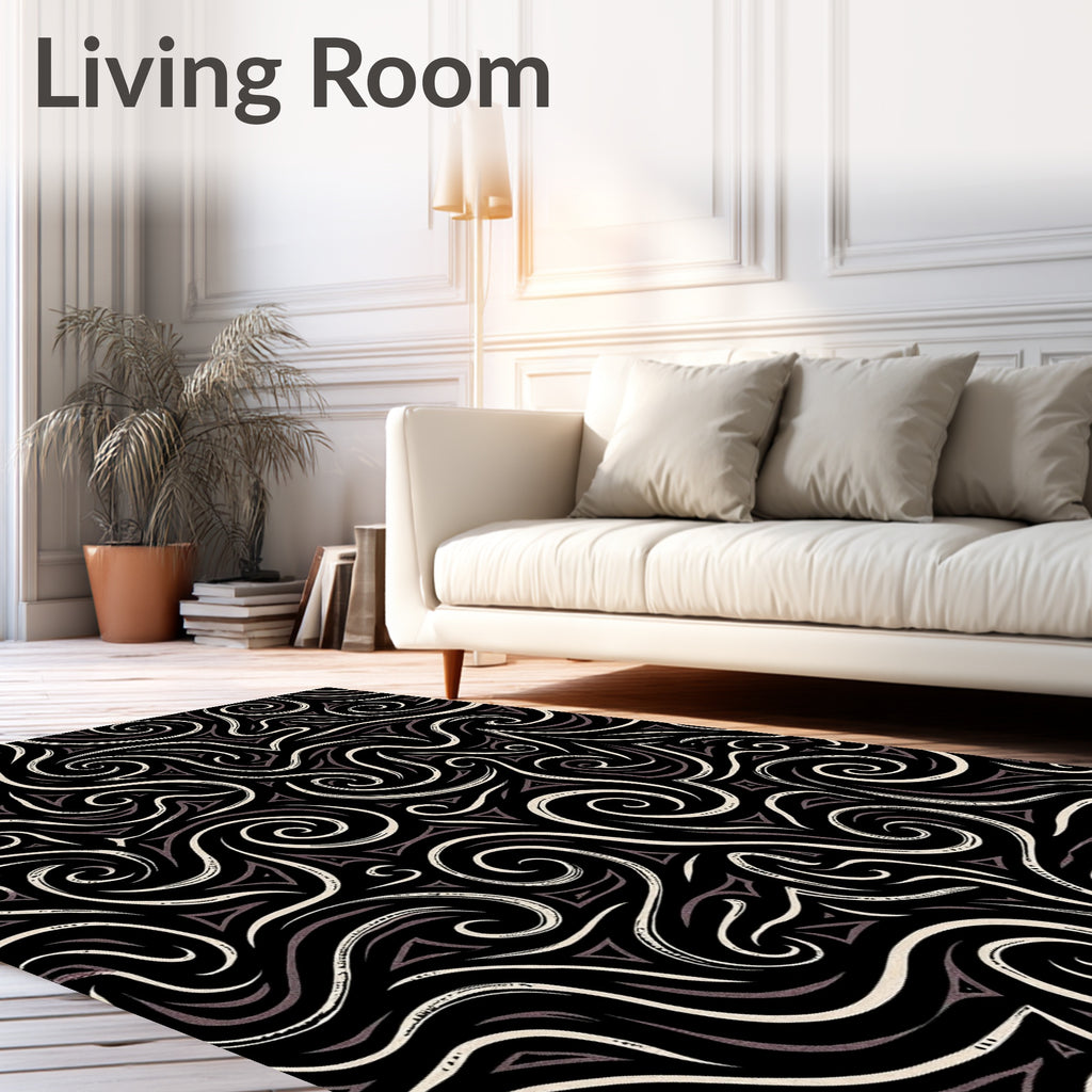 Whimsical black cream tribal swirls Rug