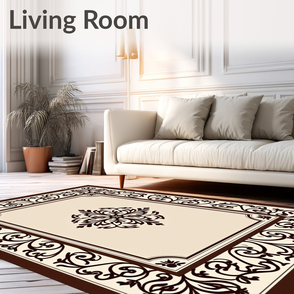 Cream and Brown Floral Medallion Border Rug