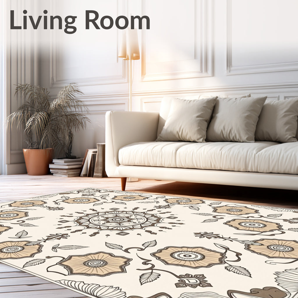 Vintage Beige Floral Mandala Rug