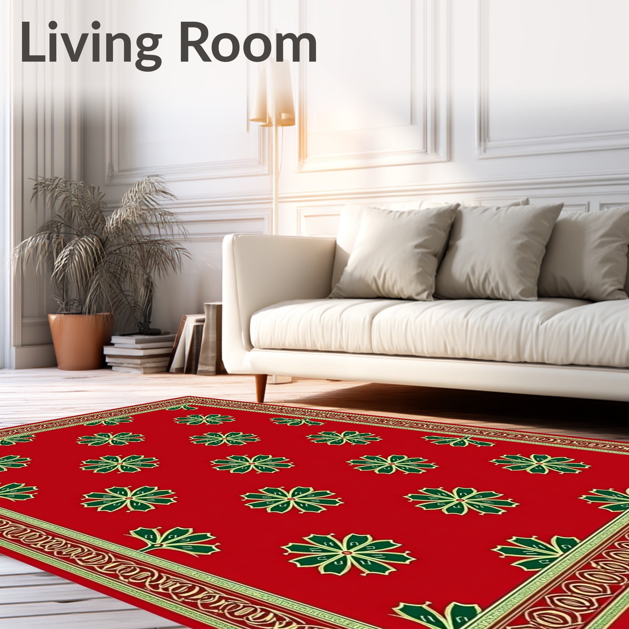 Crimson Green Floral Geometric Border Rug