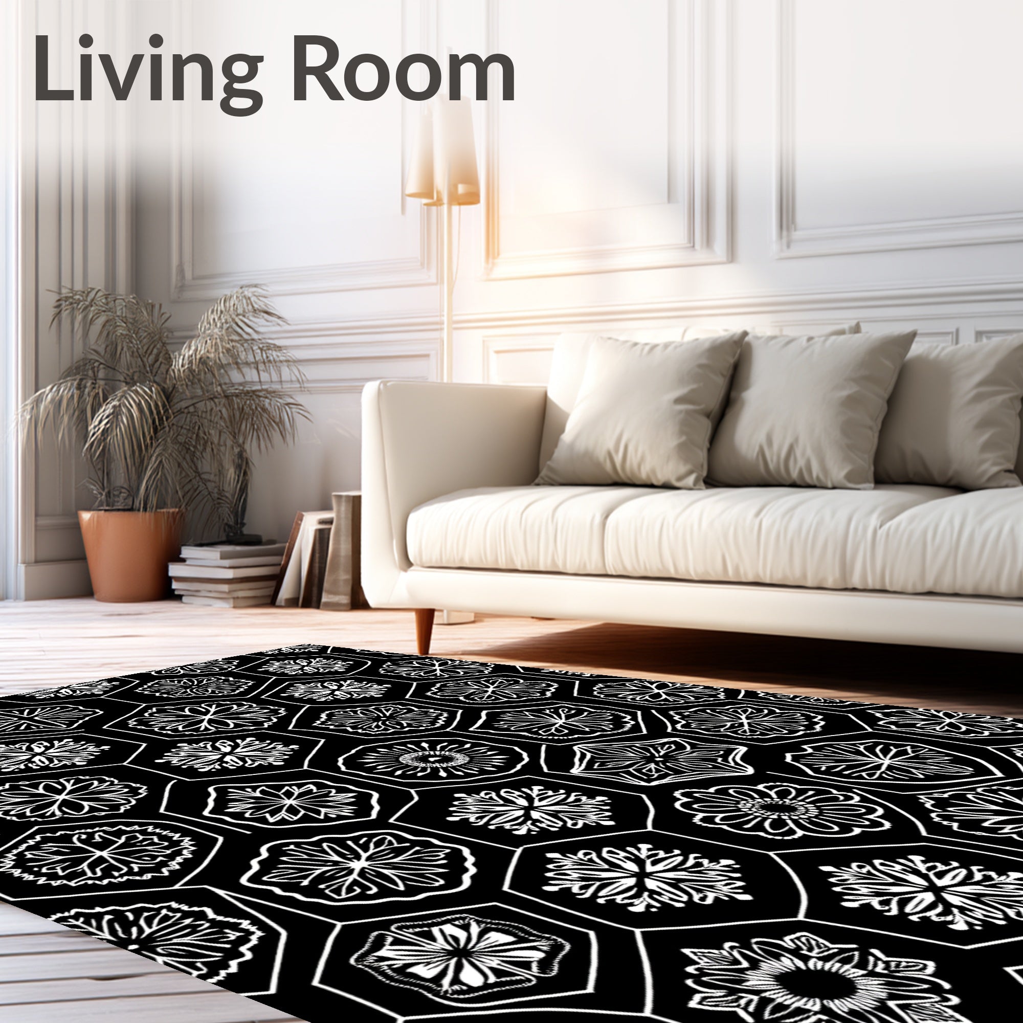 Black White Floral Hexagon Repeat Rug