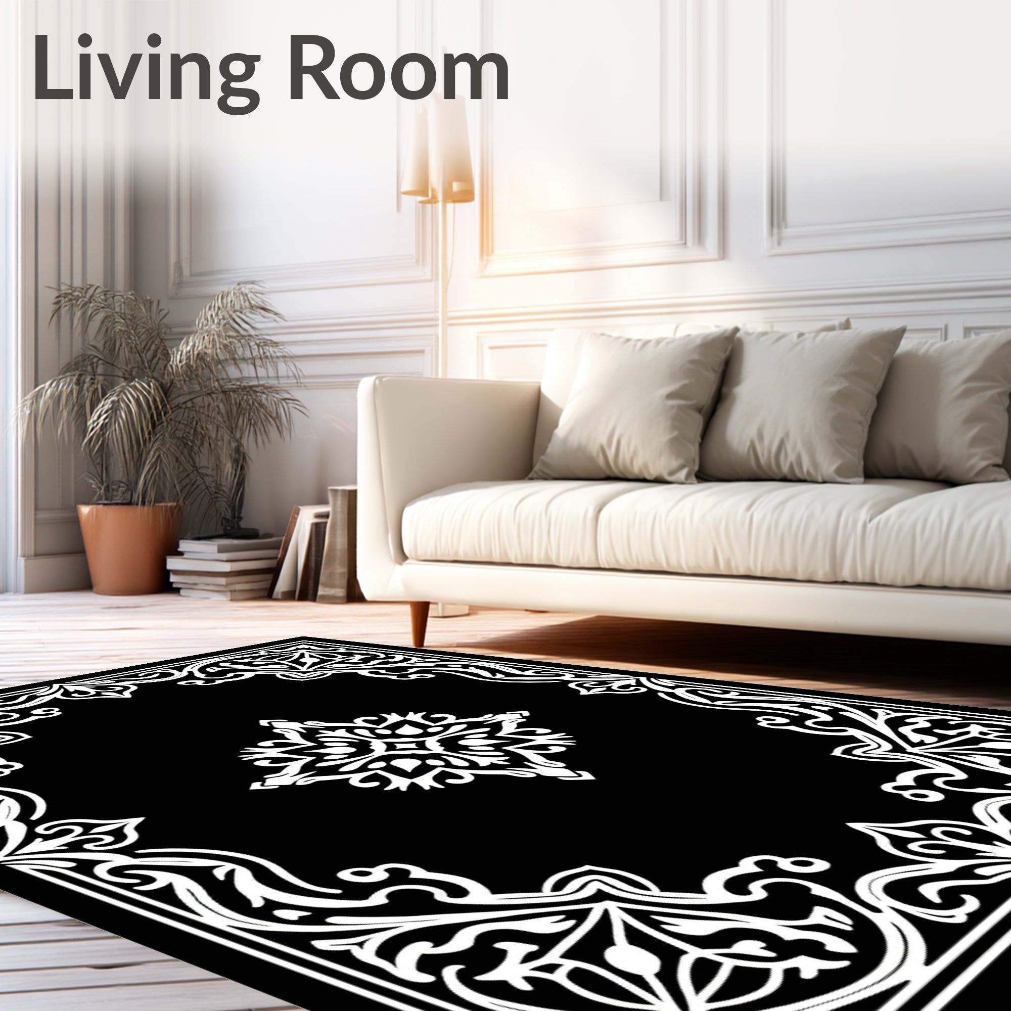 Ornate Black and White Floral Arabesque Rug