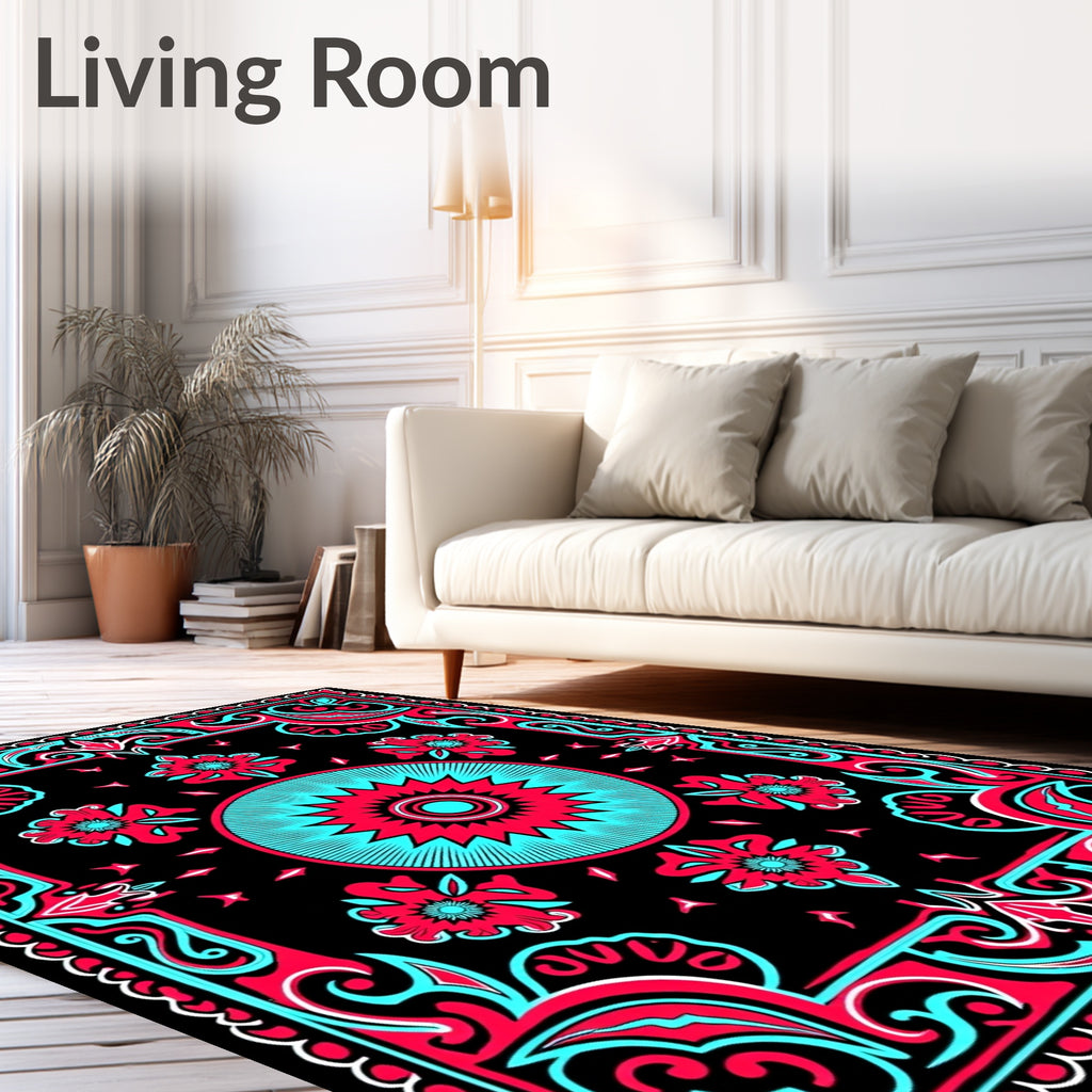 Bold Crimson Teal Floral Frame Rug