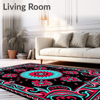 Bold Crimson Teal Floral Frame Rug