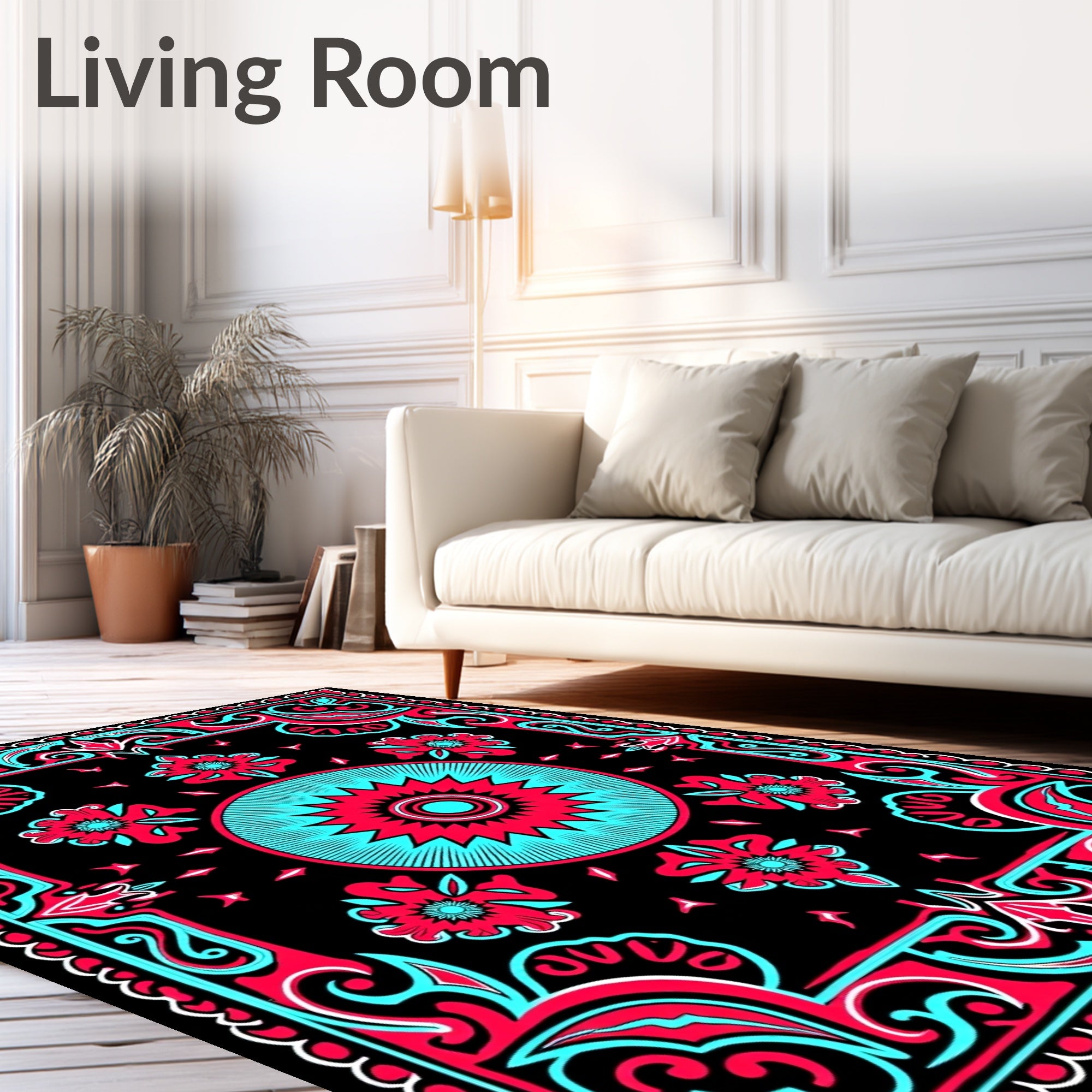 Bold Crimson Teal Floral Frame Rug