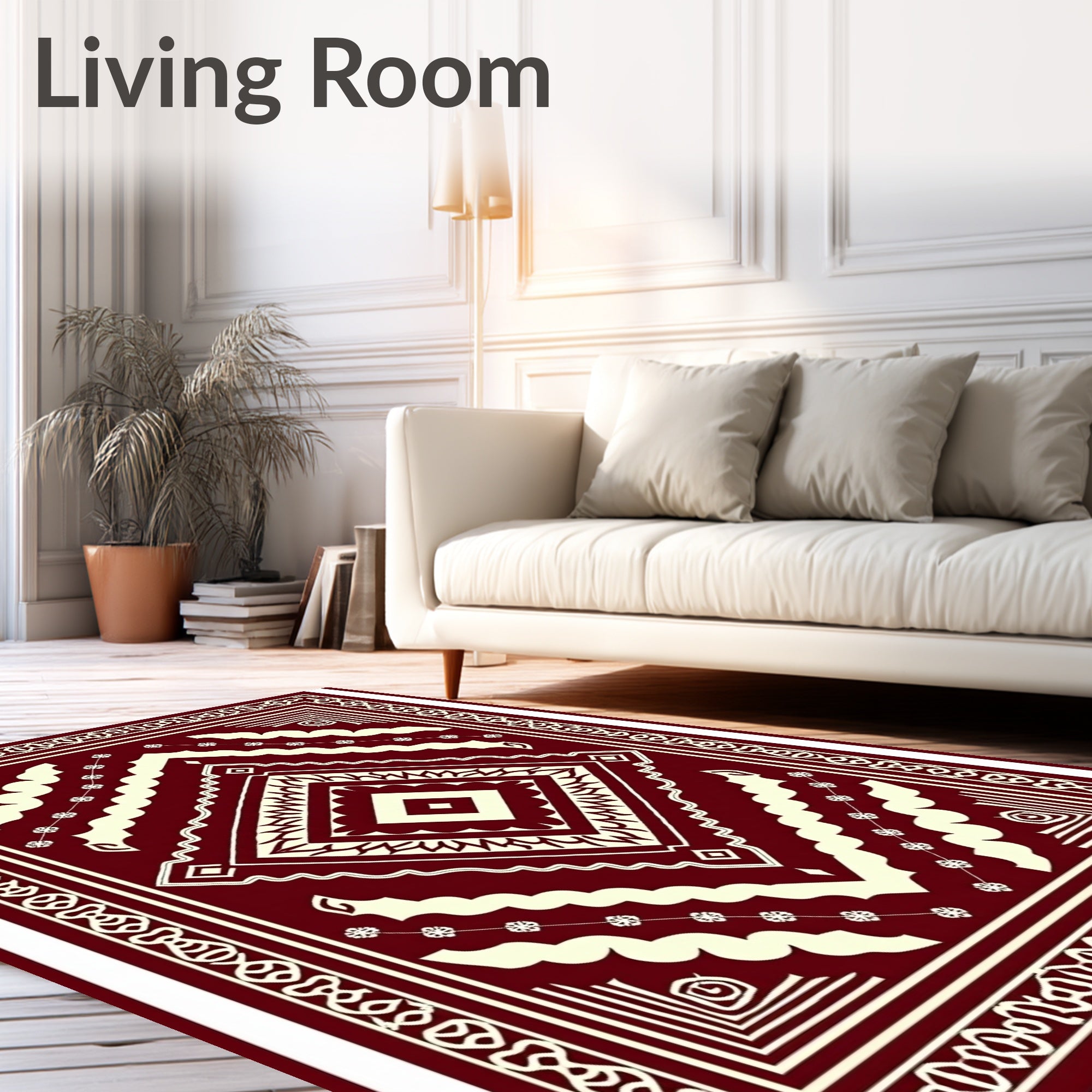 Deep Red Cream Geometric Diamond Medallion Rug