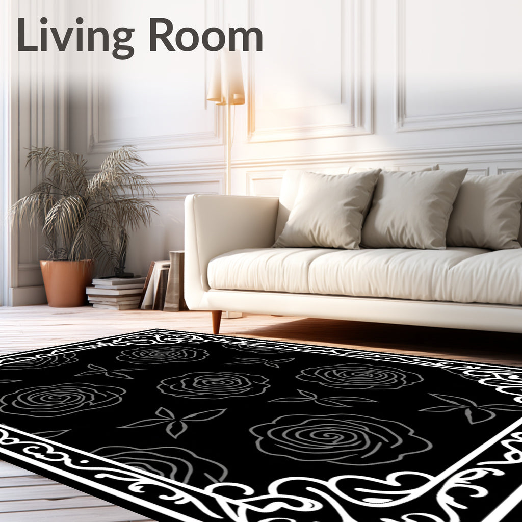 Monochromatic Black Rose Floral Frame Rug