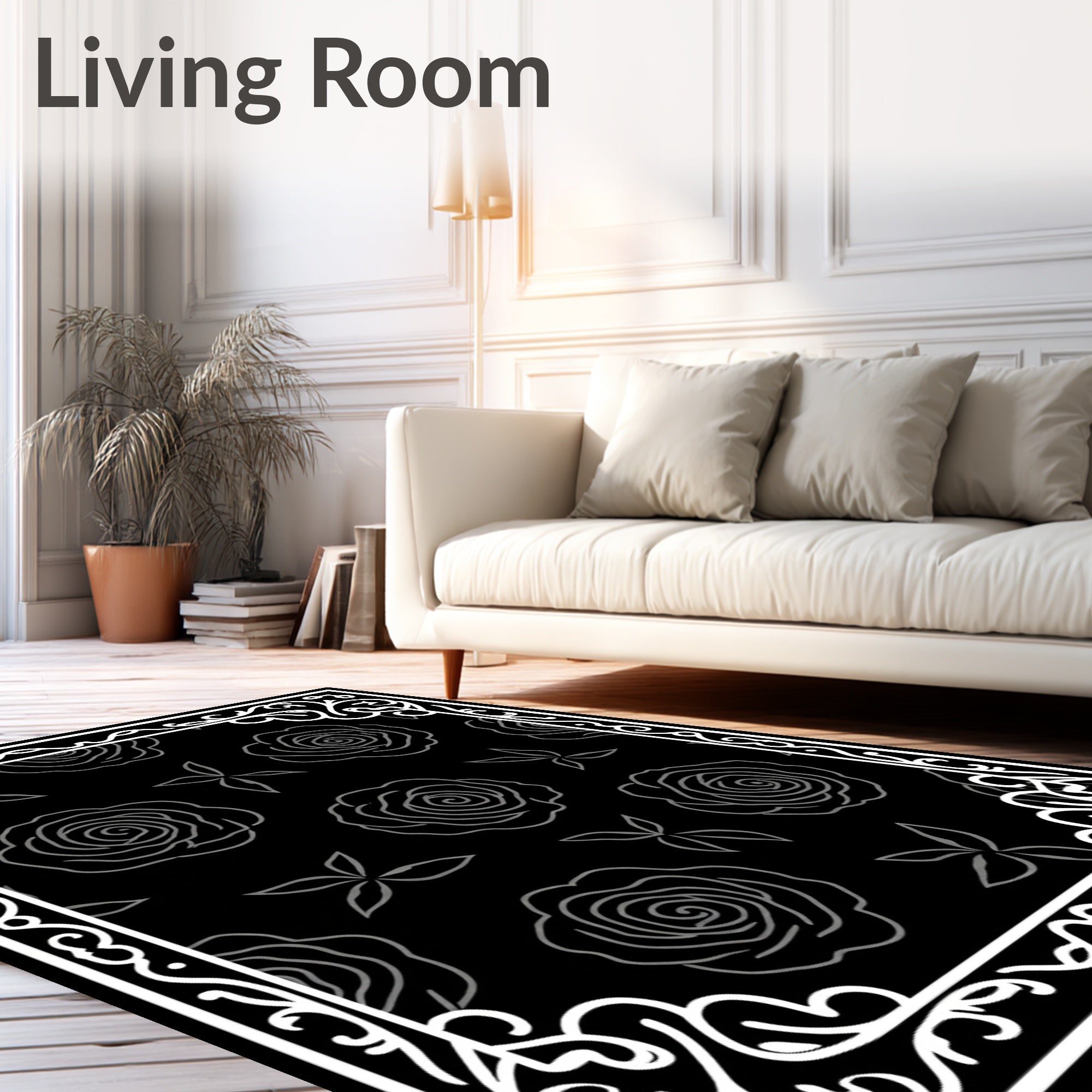 Monochromatic Black Rose Floral Frame Rug