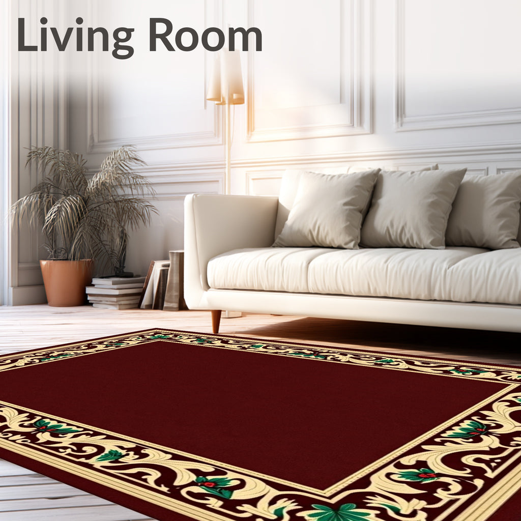 Crimson Tan Vine Floral Border Rug