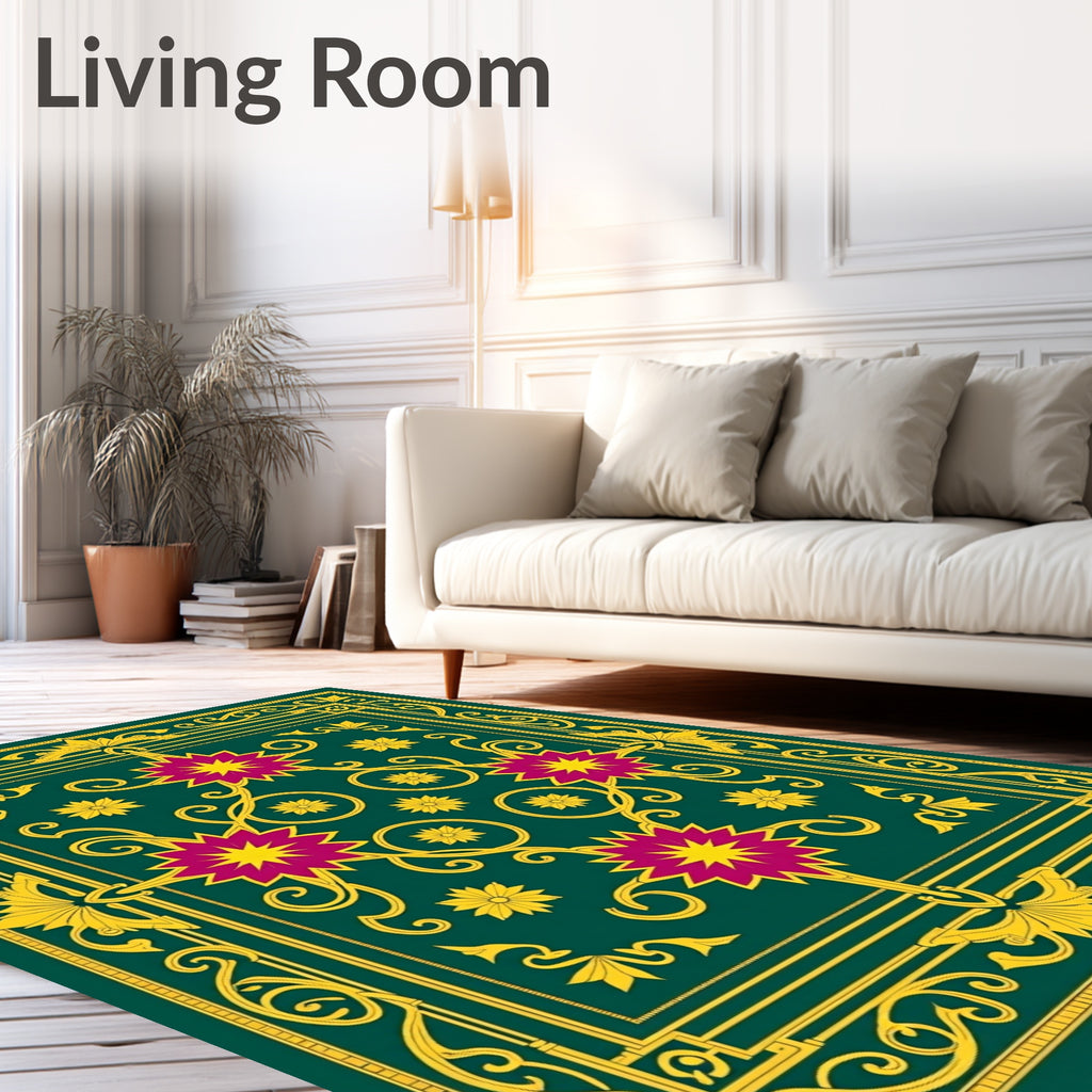 Emerald Green Floral Starburst Border Rug