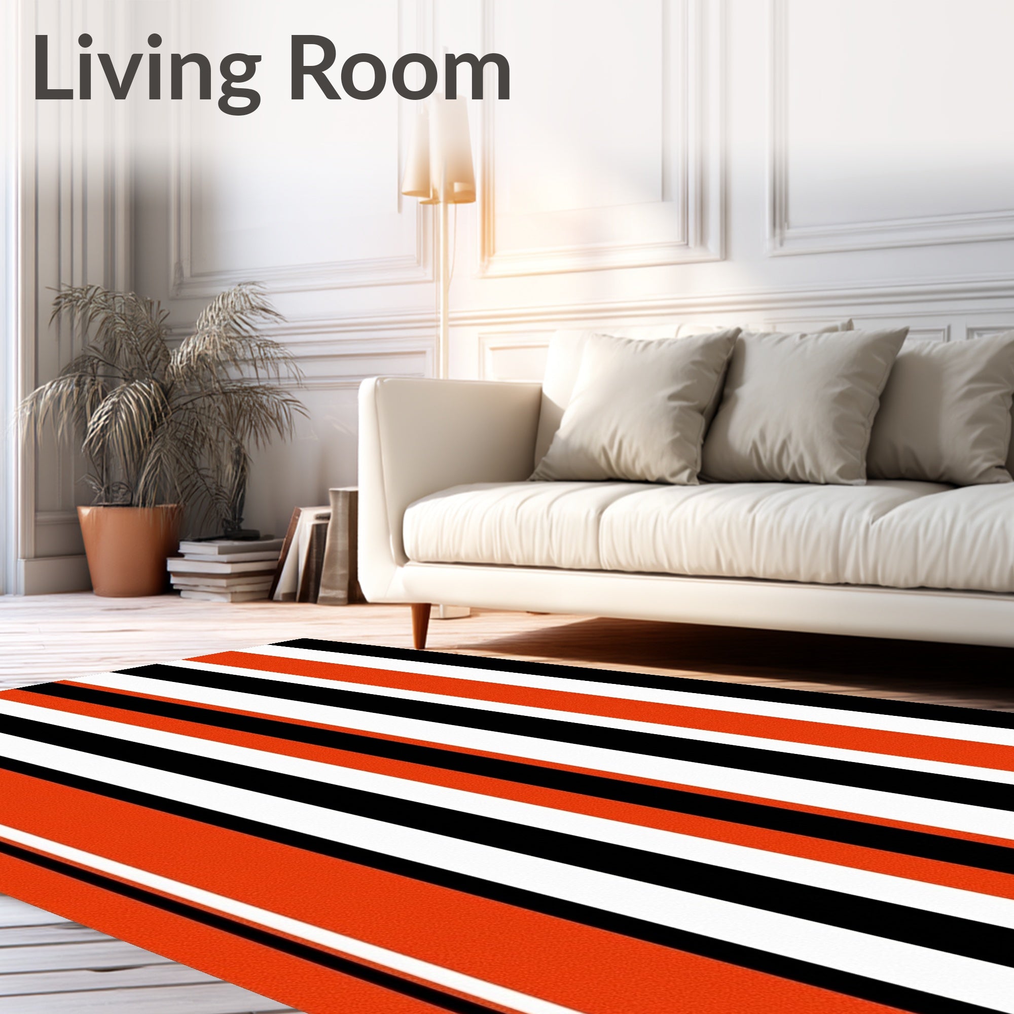 Vibrant Orange Black White Stripe Rug