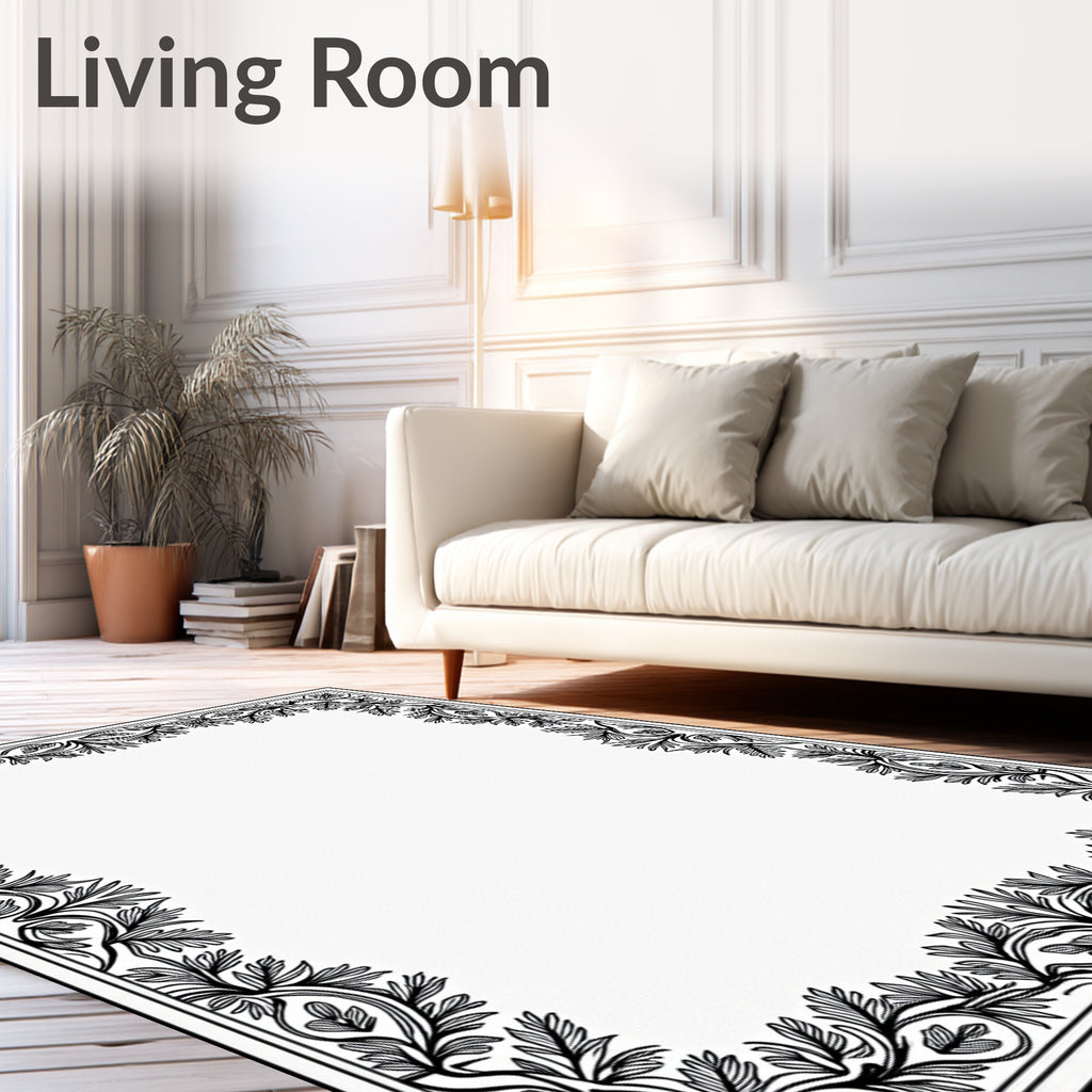 Elegant Black Leafy Vines Frame Rug