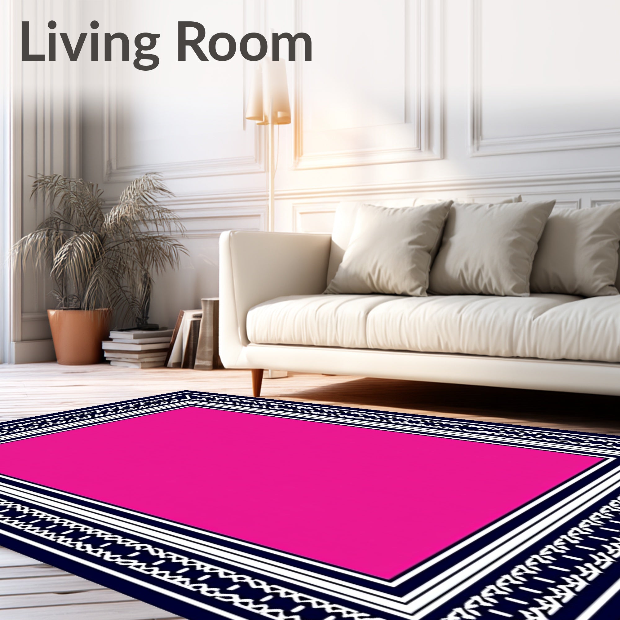 Bold Pink White Navy Geometric Frame Rug