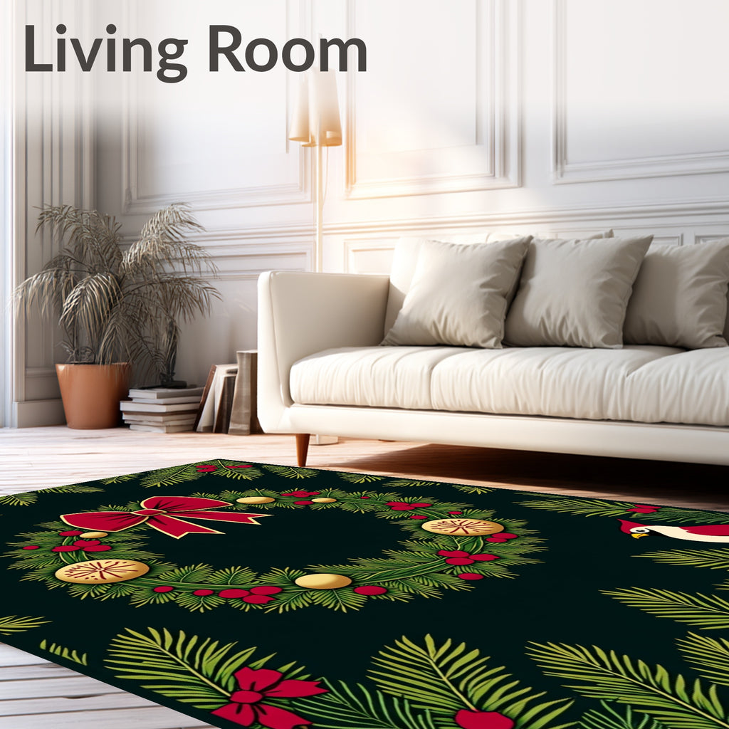 Festive Red Cardinal Evergreen Wreath Rug