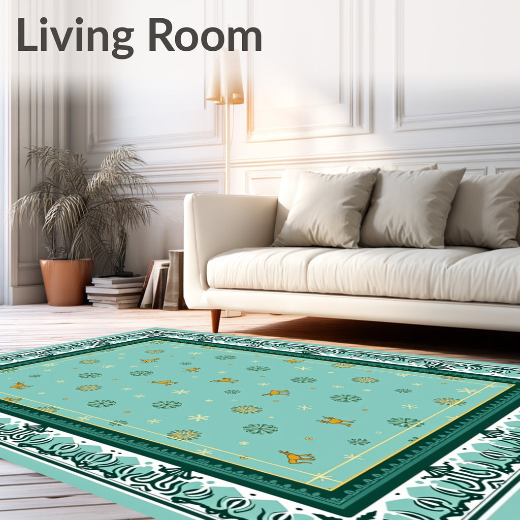 Turquoise Teal Deer Snowflake Border Rug
