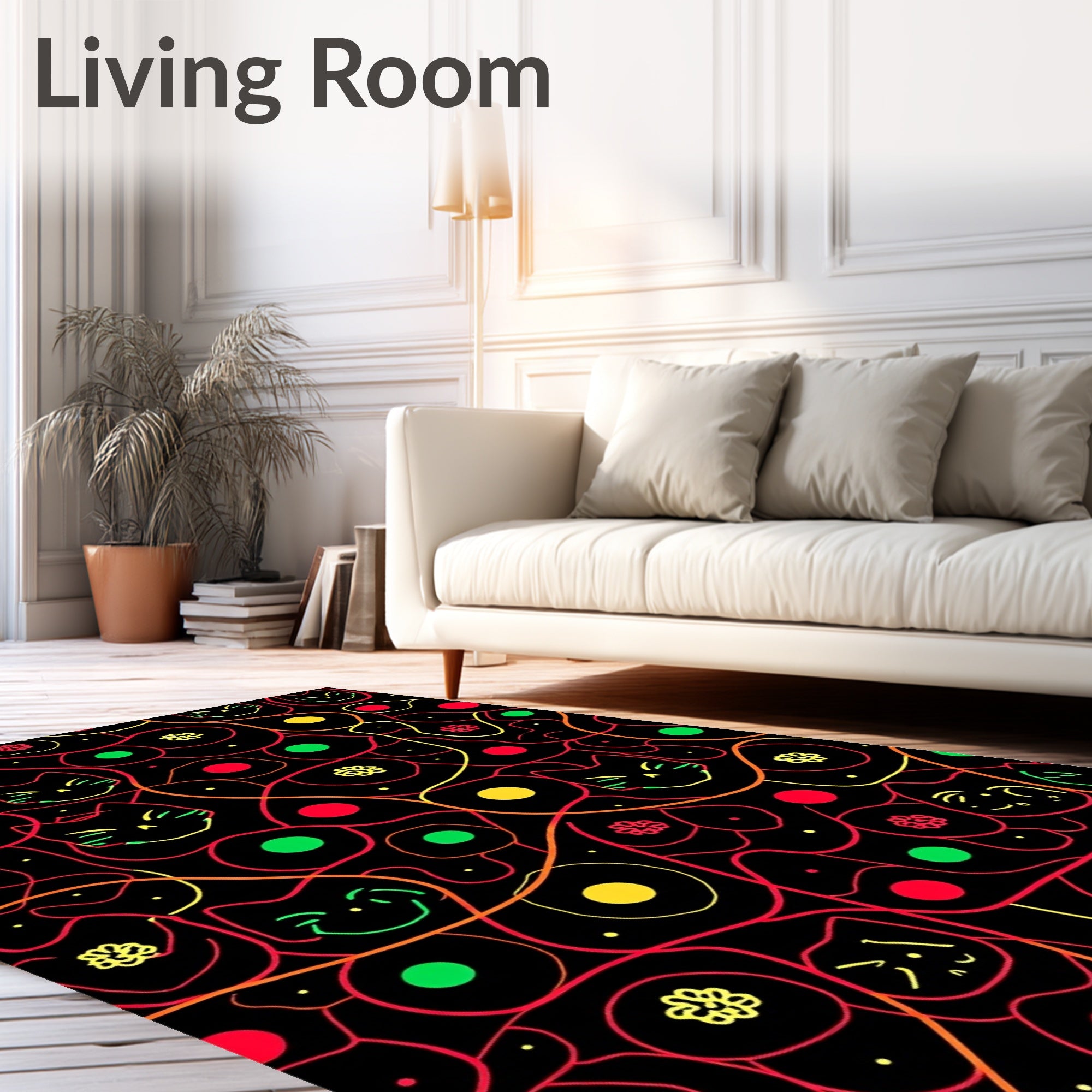 Playful Black Cat Faces Abstract Lines Rug