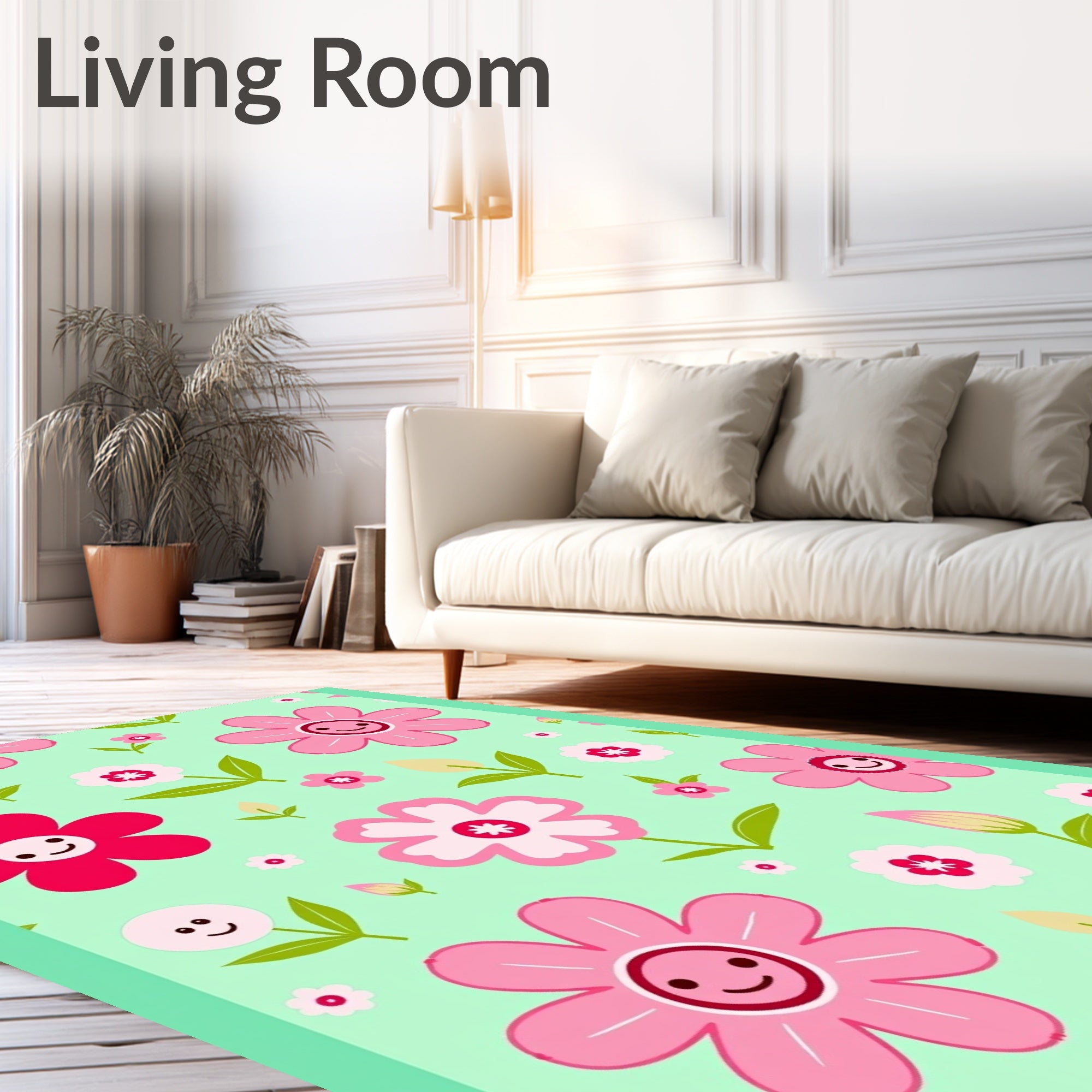 Pink and Red Flowers on Mint Background Rug