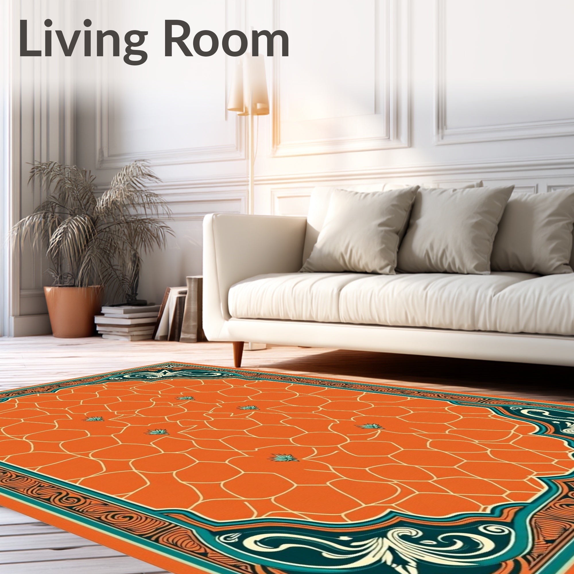 Orange Hexagon Bordered Floral Rug
