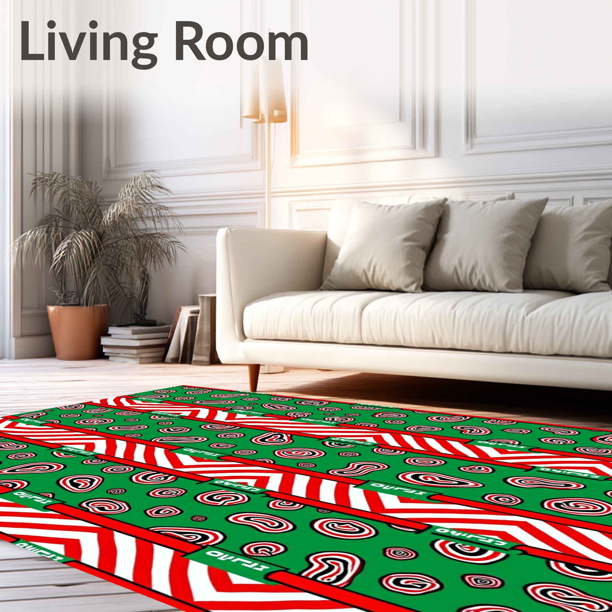 Green Red And White Abstract Shapes Rug