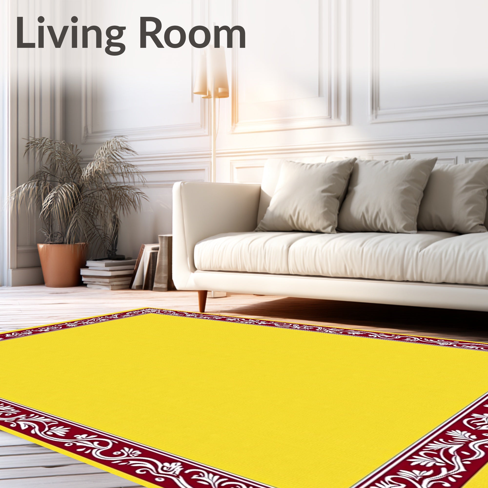 Maroon White Floral Bordered Yellow Rug