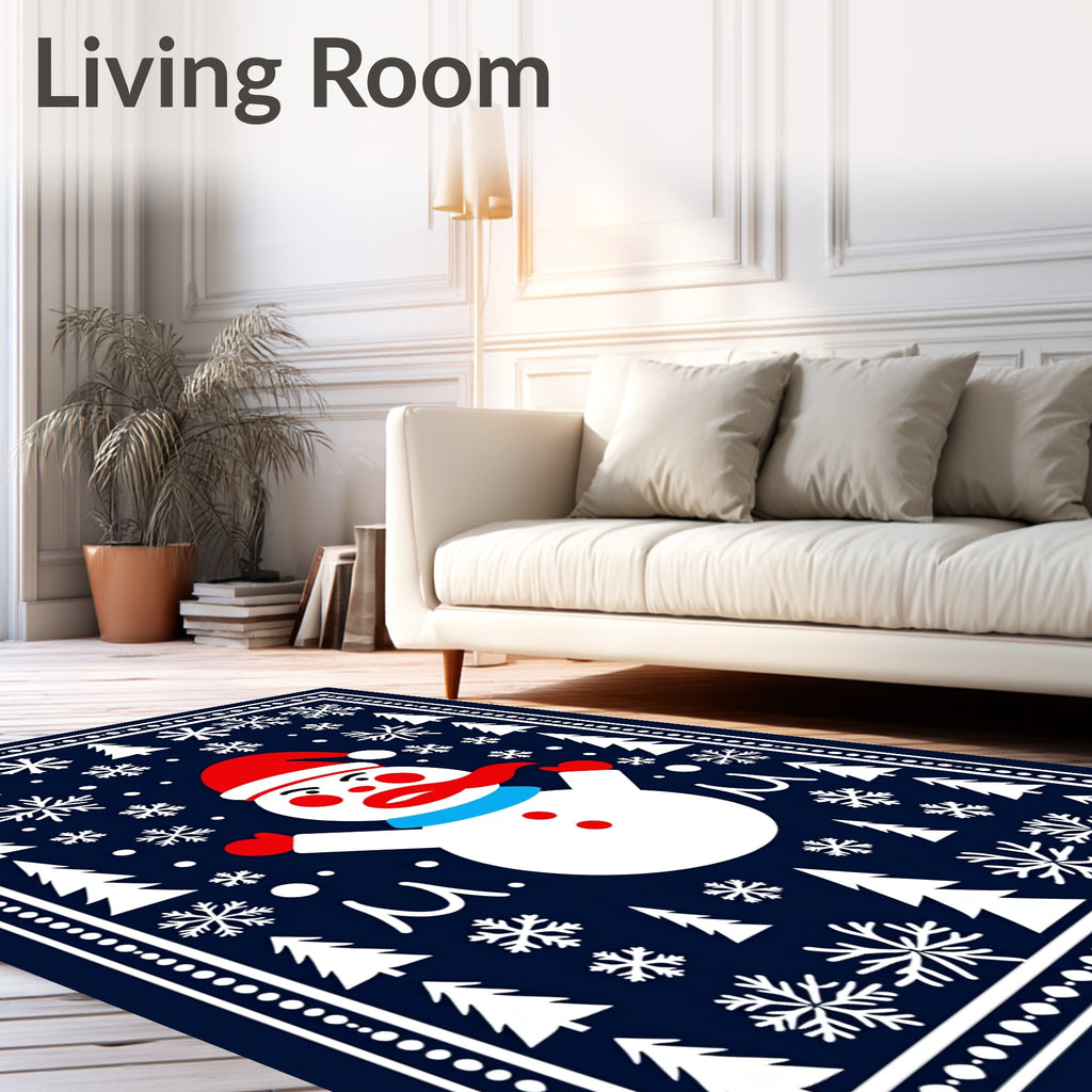 Happy Snowman Winter Snowflake Christmas Scene Rug