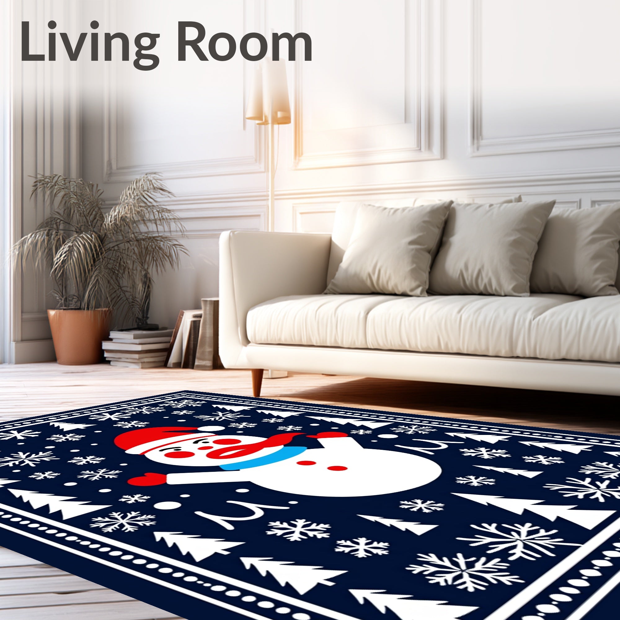 Happy Snowman Winter Snowflake Christmas Scene Rug