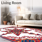 Vibrant Red Blue Floral Sunburst Medallion Rug