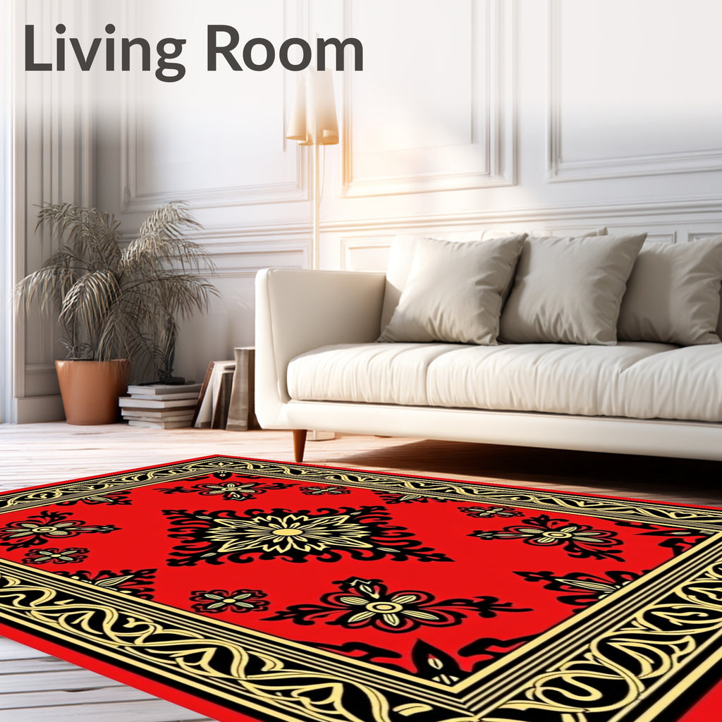 Vibrant Red Floral Medallion Border Rug
