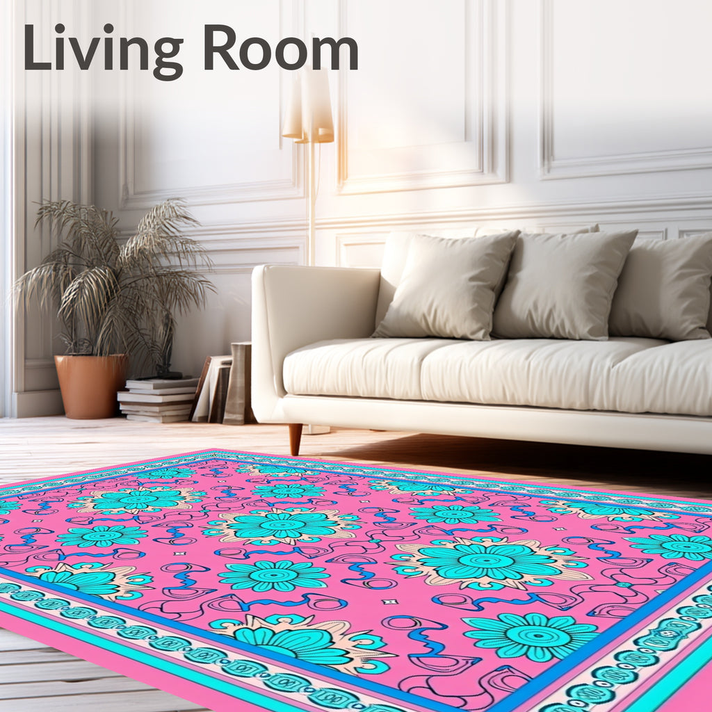 Pink Teal Floral Medallion Border Rug